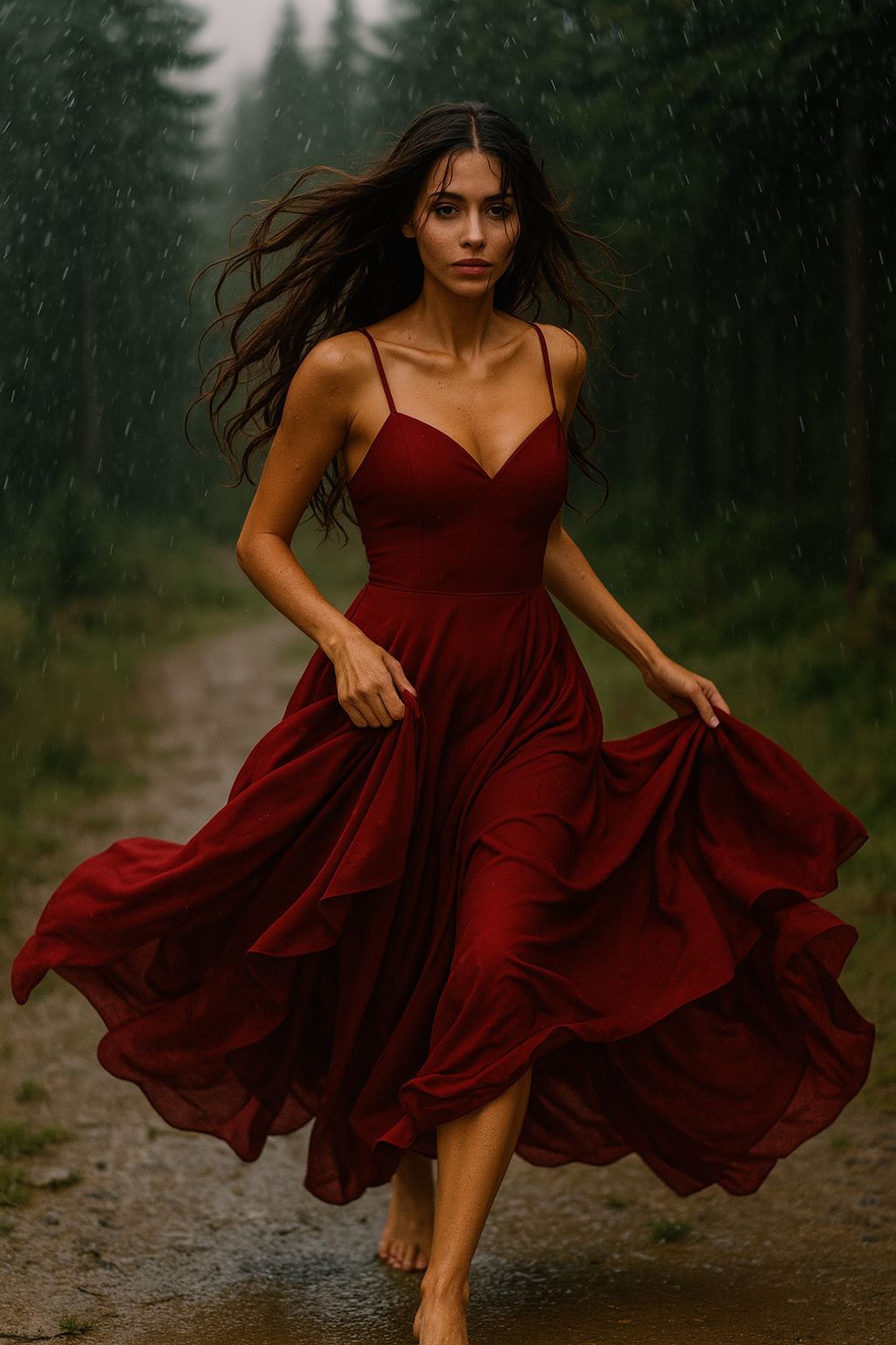 Crimson Elegance in the Rain